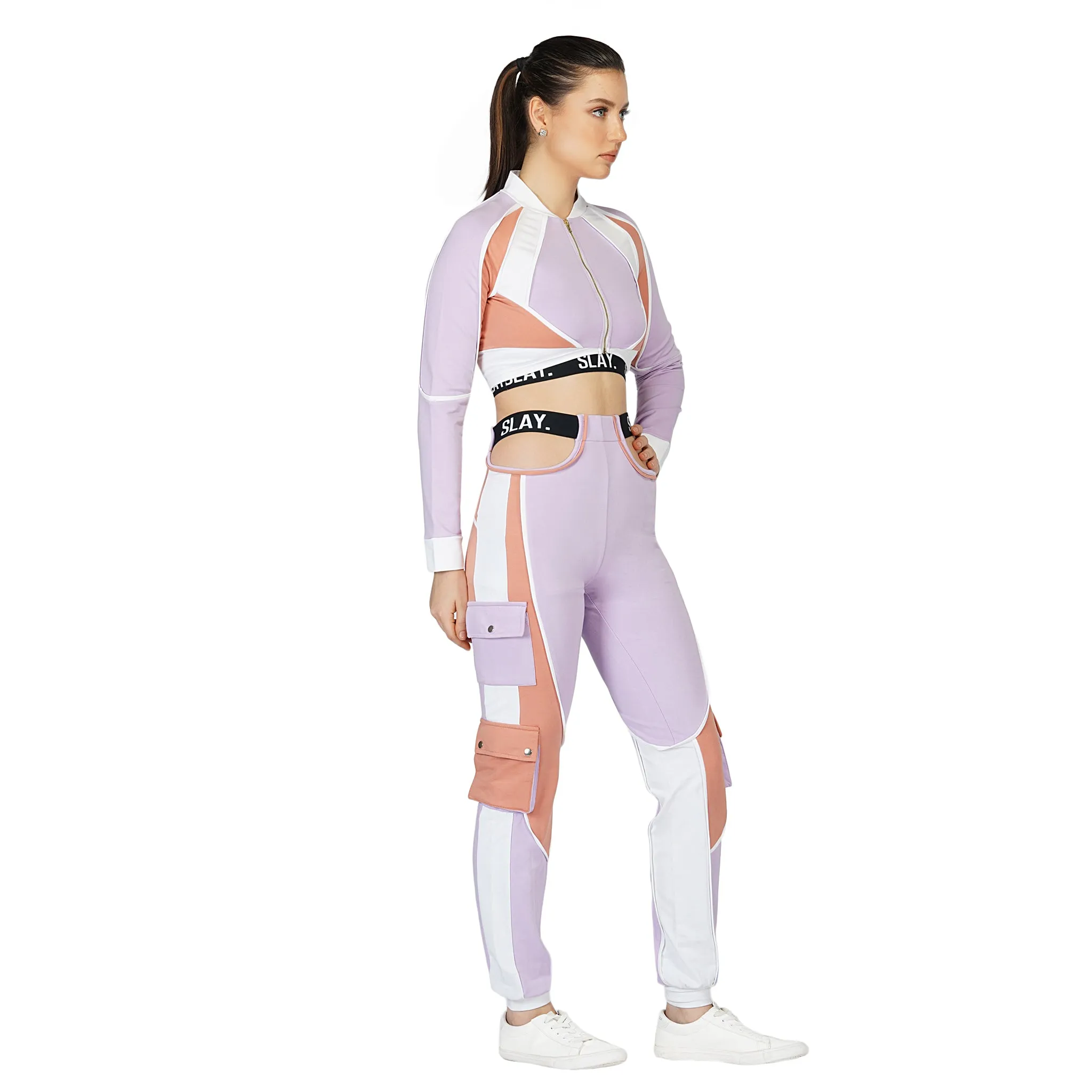 SLAY. Women's Activewear Tracksuit Lilac/Lavender Colorblock Crop Jacket &  High Waist Cargo Pants Co-ord Set