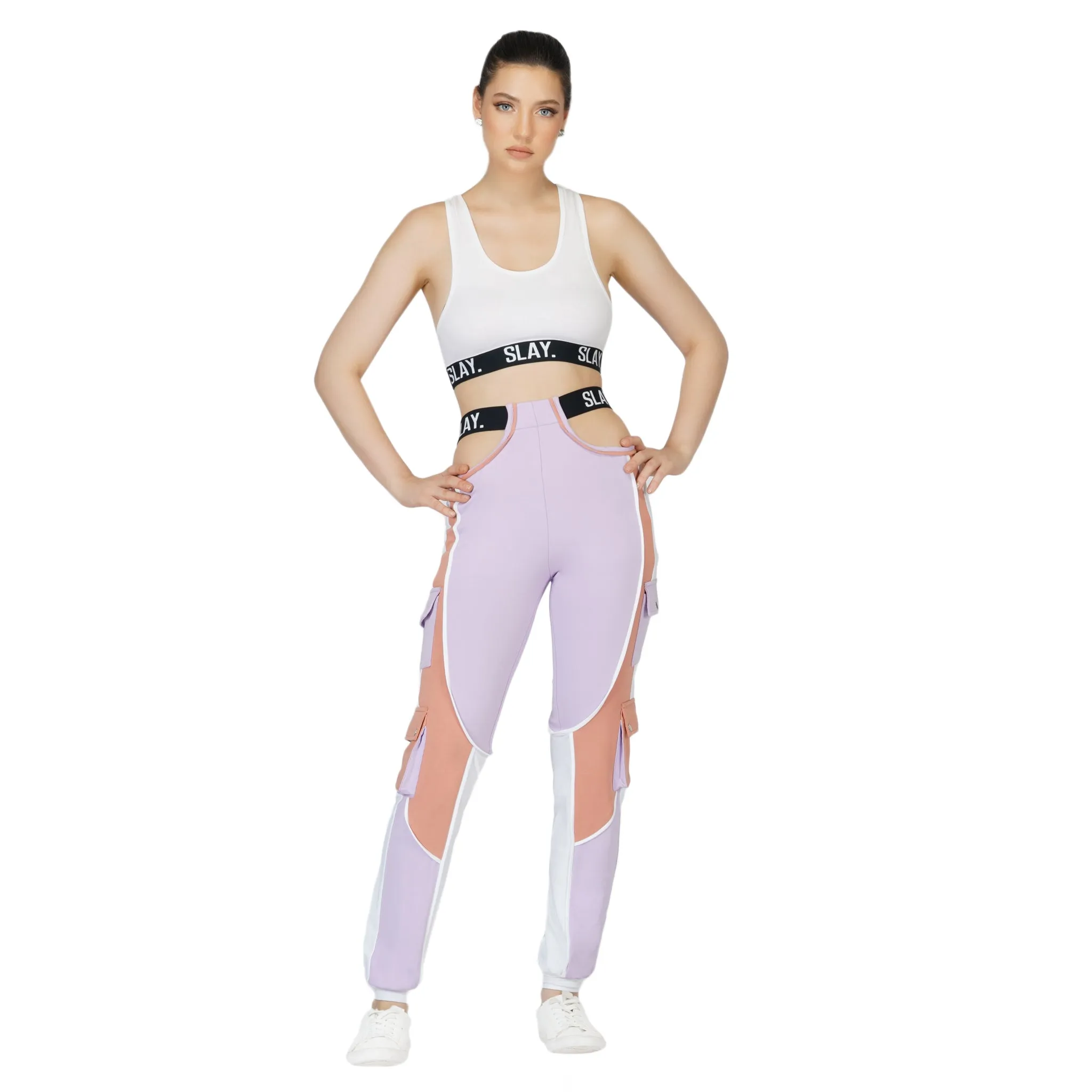 SLAY. Women's Activewear Tracksuit Lilac/Lavender Colorblock Crop Jacket &  High Waist Cargo Pants Co-ord Set