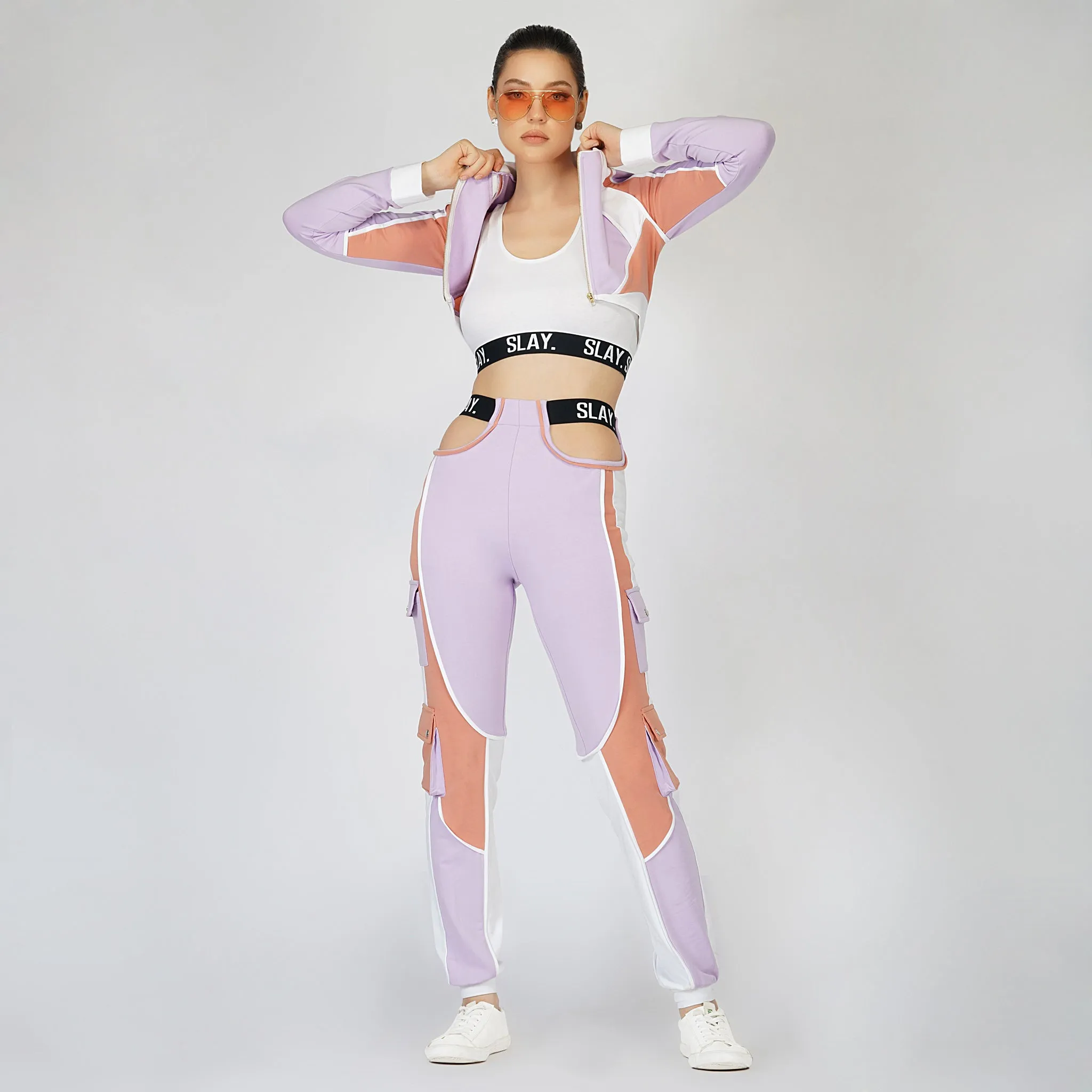 SLAY. Women's Activewear Tracksuit Lilac/Lavender Colorblock Crop Jacket &  High Waist Cargo Pants Co-ord Set