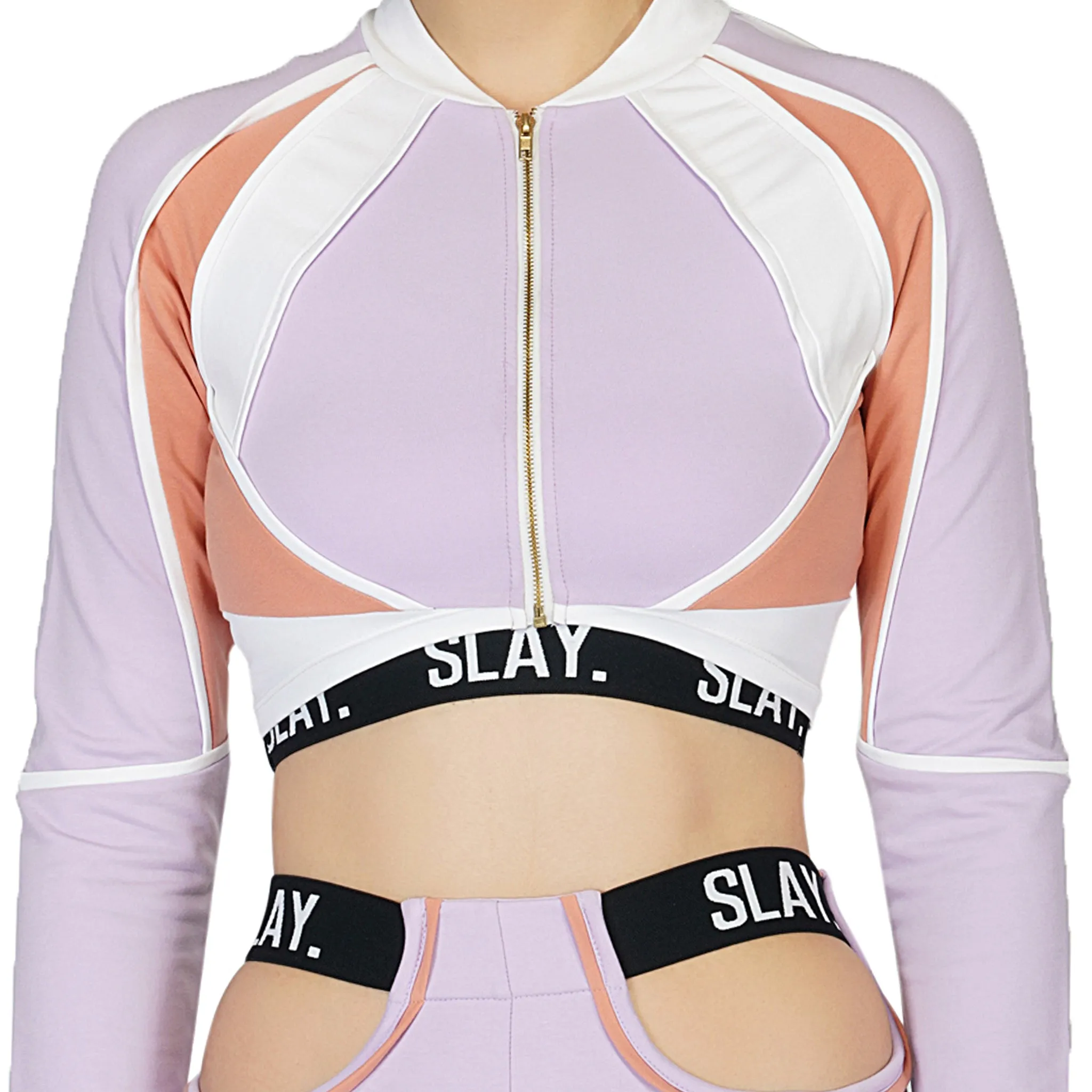 SLAY. Women's Activewear Tracksuit Lilac/Lavender Colorblock Crop Jacket &  High Waist Cargo Pants Co-ord Set