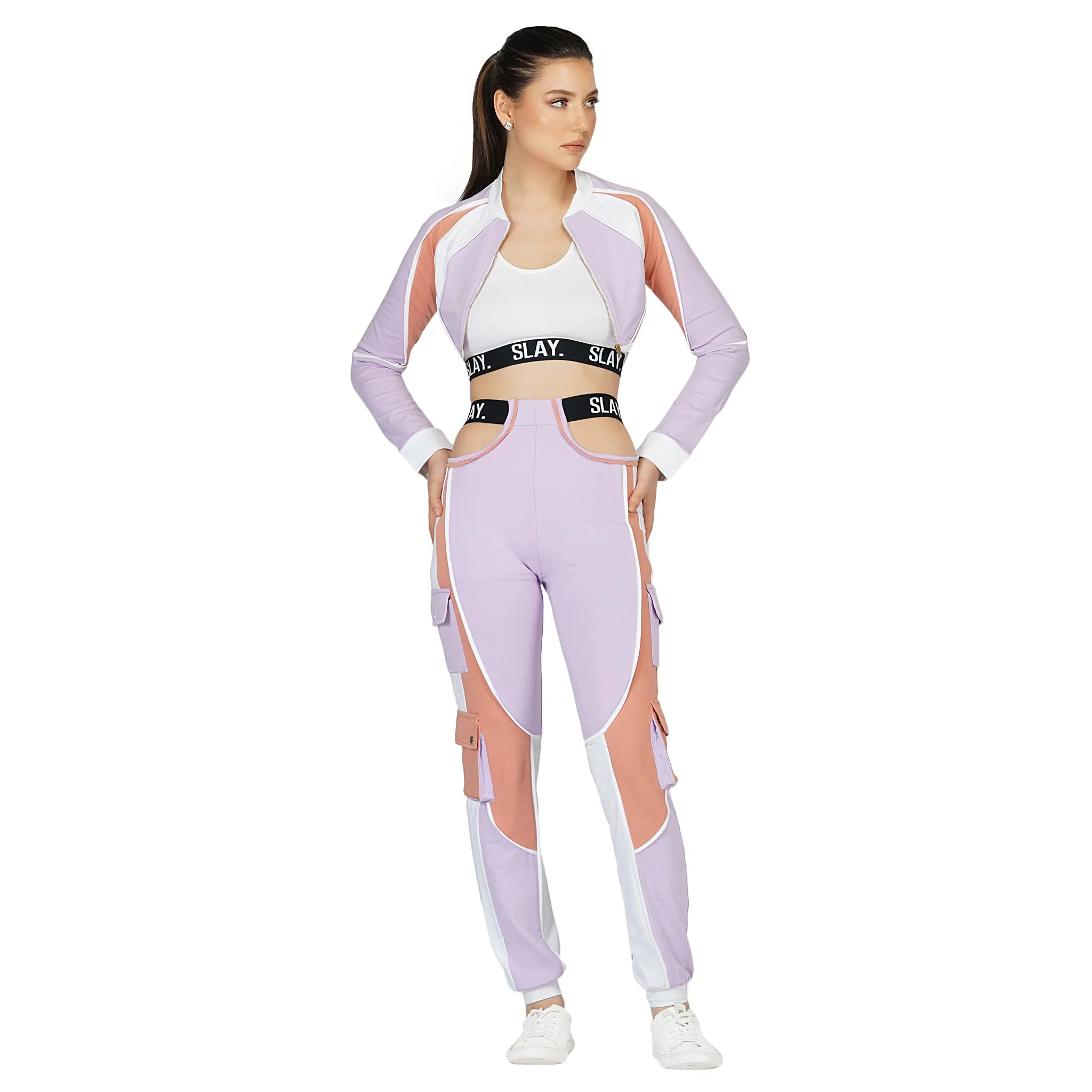 SLAY. Women's Activewear Tracksuit Lilac/Lavender Colorblock Crop Jacket &  High Waist Cargo Pants Co-ord Set