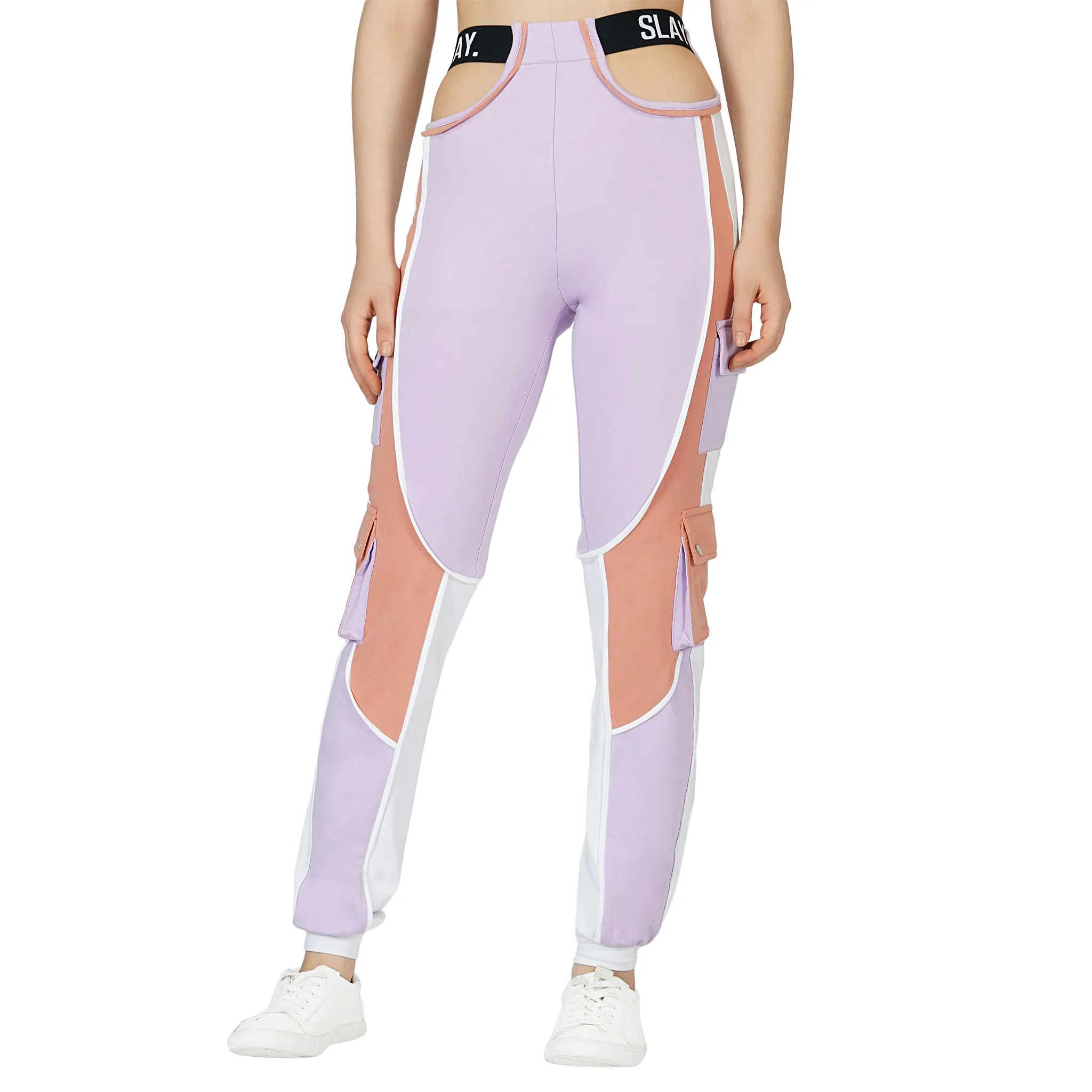 SLAY. Women's Activewear Tracksuit Lilac/Lavender Colorblock Crop Jacket &  High Waist Cargo Pants Co-ord Set