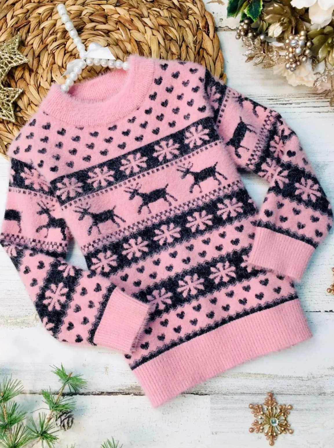 Snowflakes And Reindeers Heart Knit Sweater