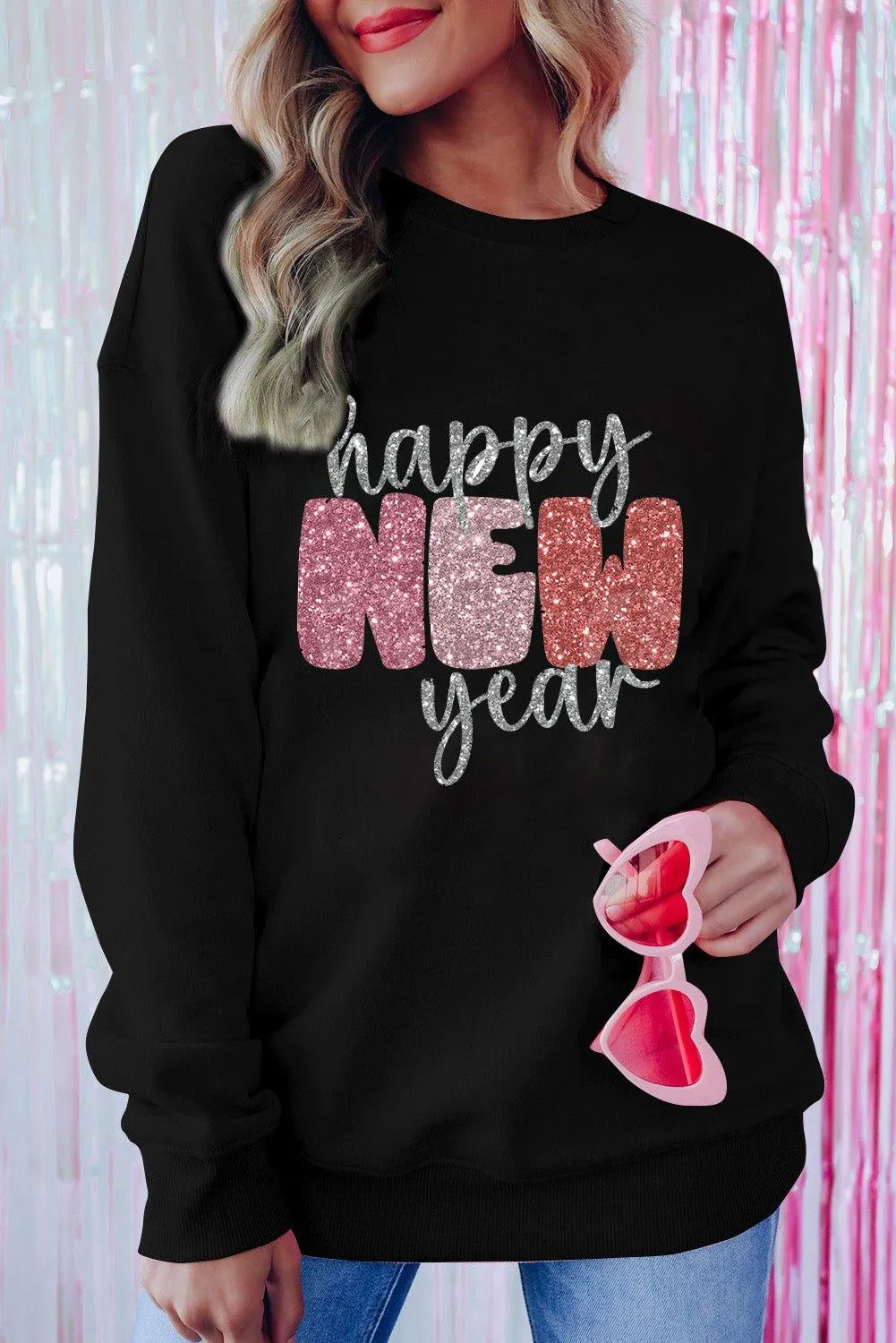 Sparkle Happy New Year Black Graphic Sweatshirt