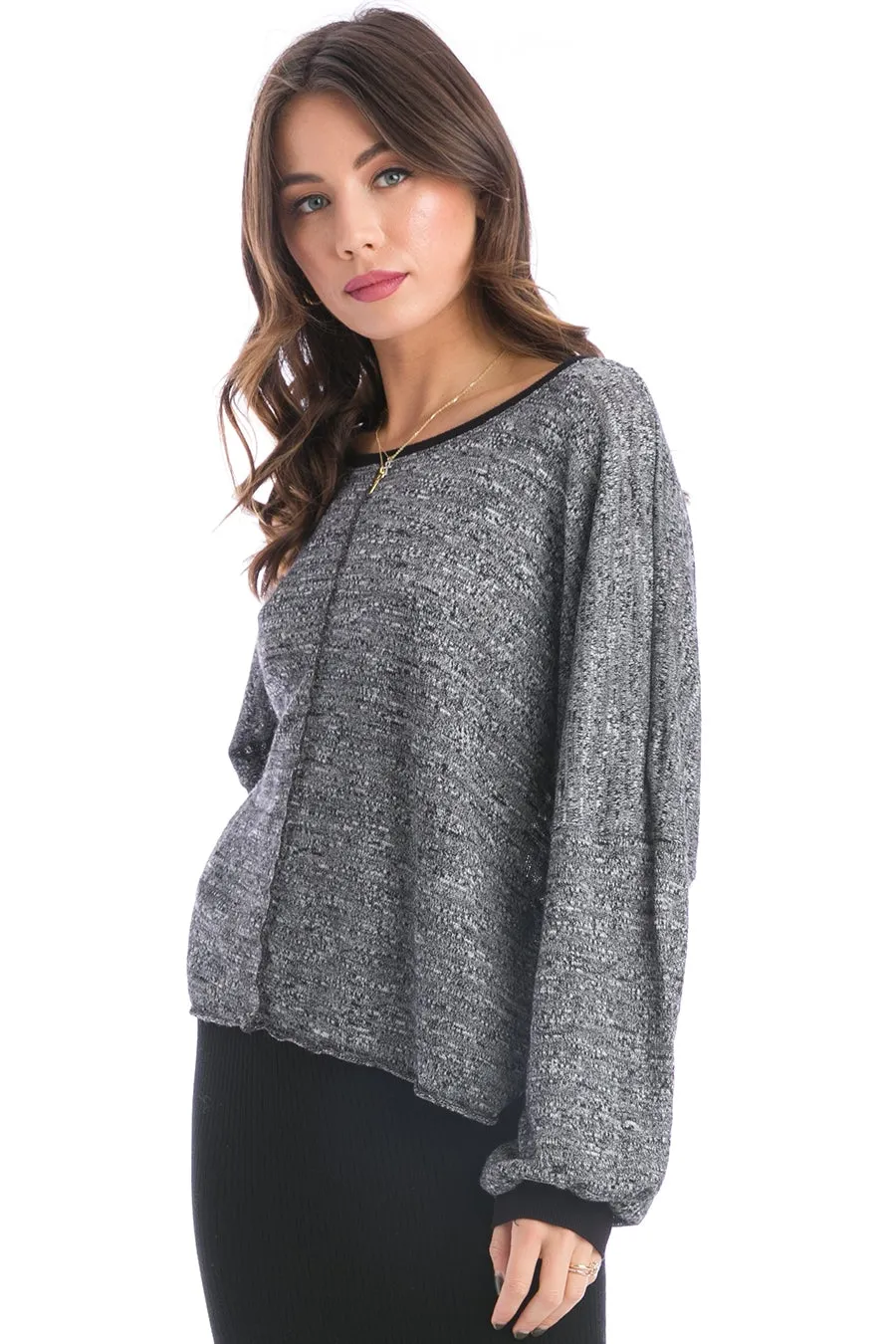 Striated Slub Sweater Balloon Sleeve Crop Pullover