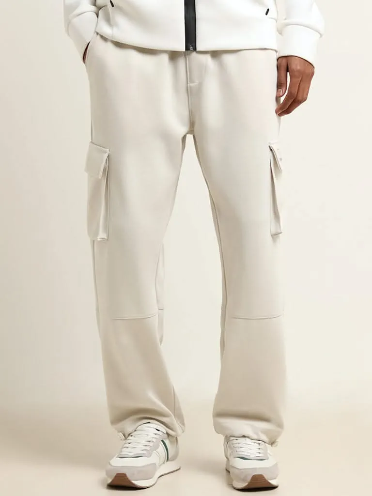 Studiofit Cream Straight-Fit Mid-Rise Cotton Blend Cargo Track Pants