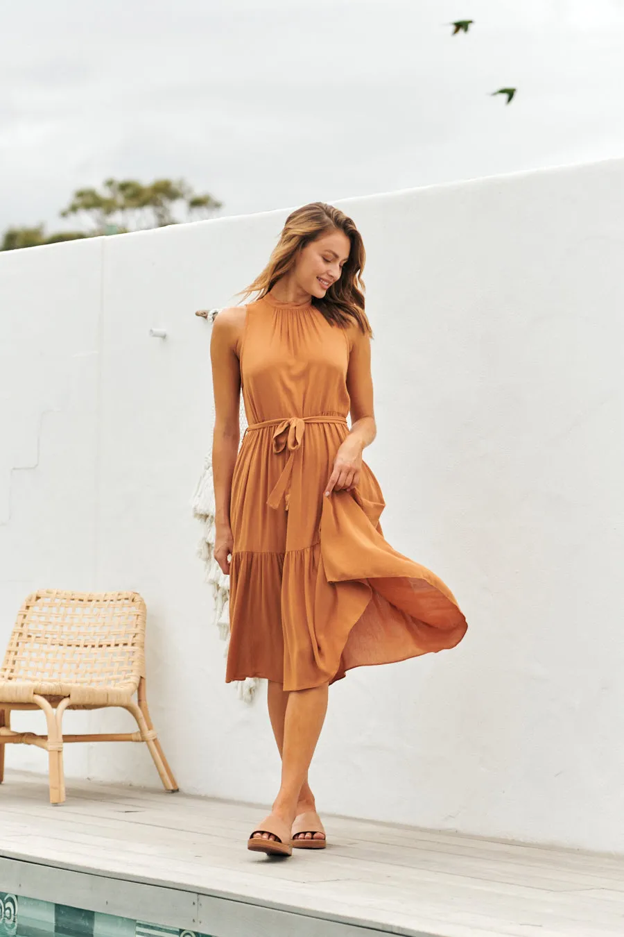 Terra S/less Tiered Caramel Midi Dress