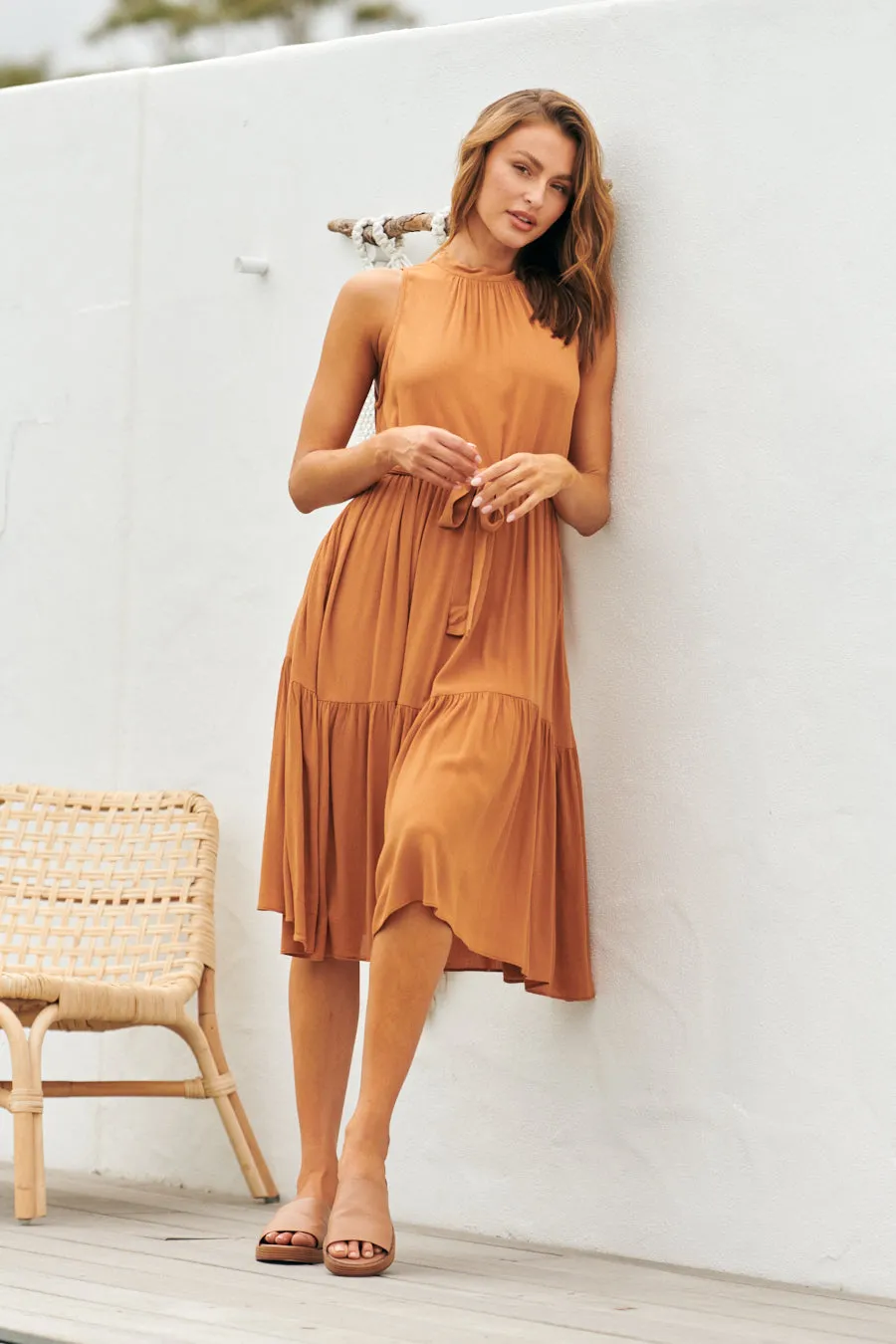 Terra S/less Tiered Caramel Midi Dress