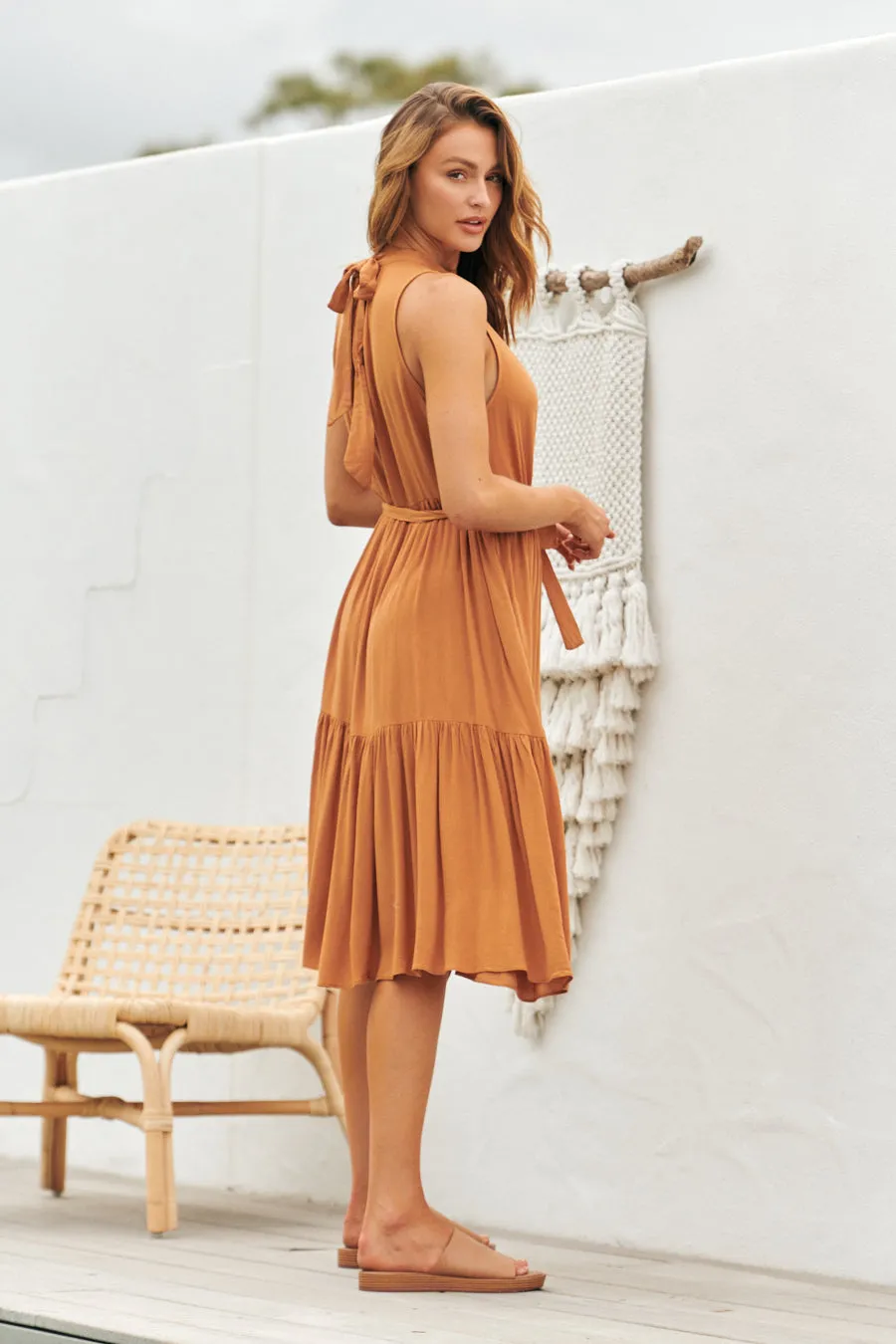 Terra S/less Tiered Caramel Midi Dress