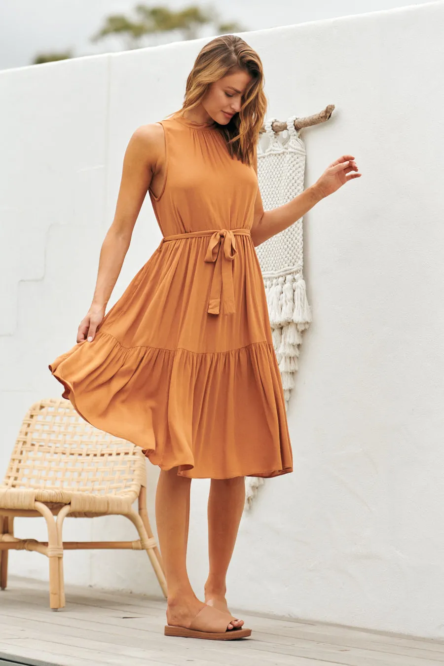 Terra S/less Tiered Caramel Midi Dress