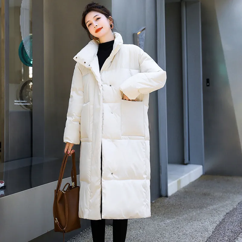 The same down cotton-padded clothes in the mall are women's long styles. In the winter of 2023, the new fried street knee stand-up collar thermal cotton-padded clothes and women's jackets.