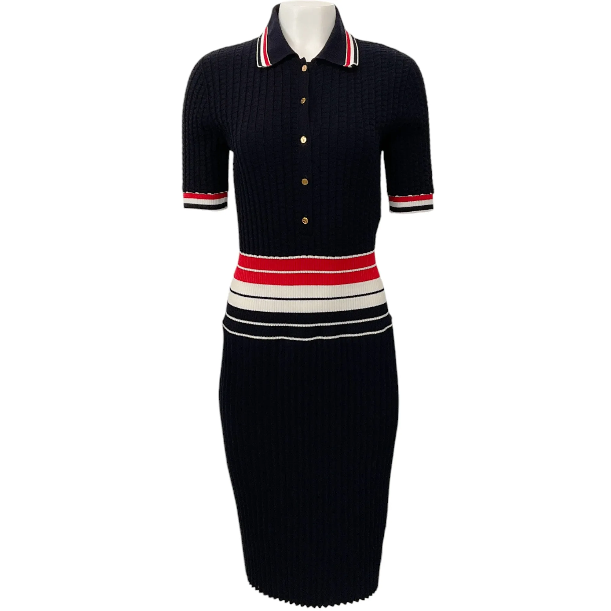 Thom Browne Navy / Red / White Cotton Rib Knit Polo Dress