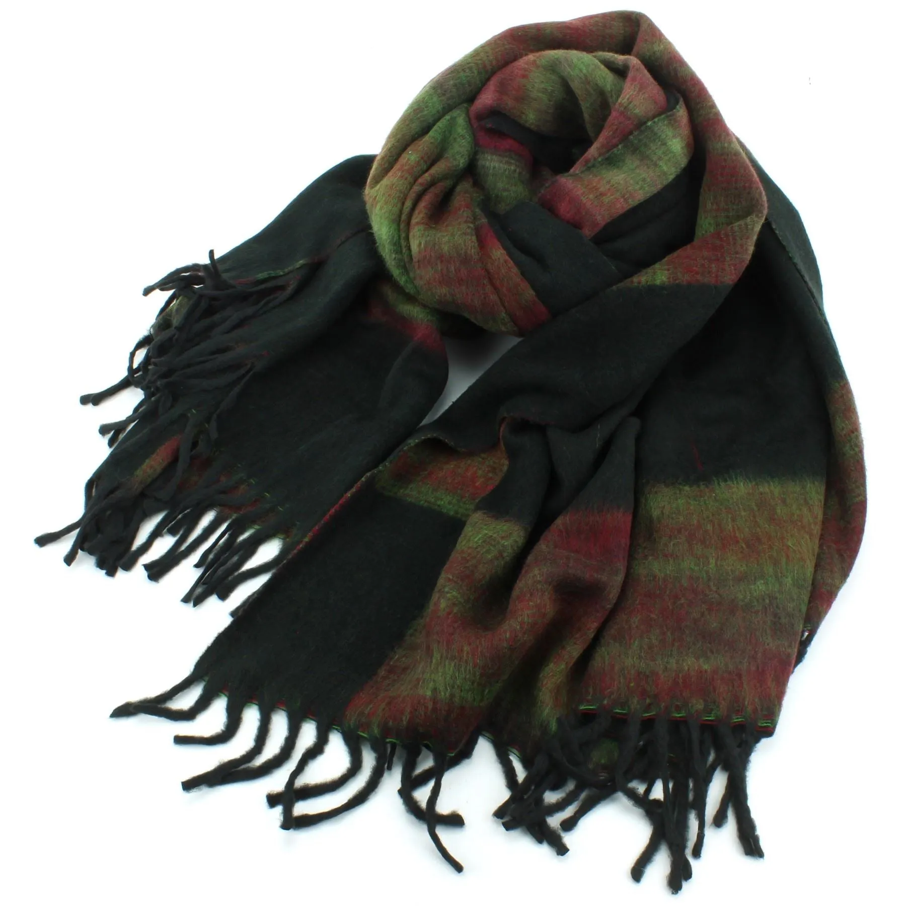 Tibetan Wool Blend Shawl Blanket - Black with Green & Red Reverse