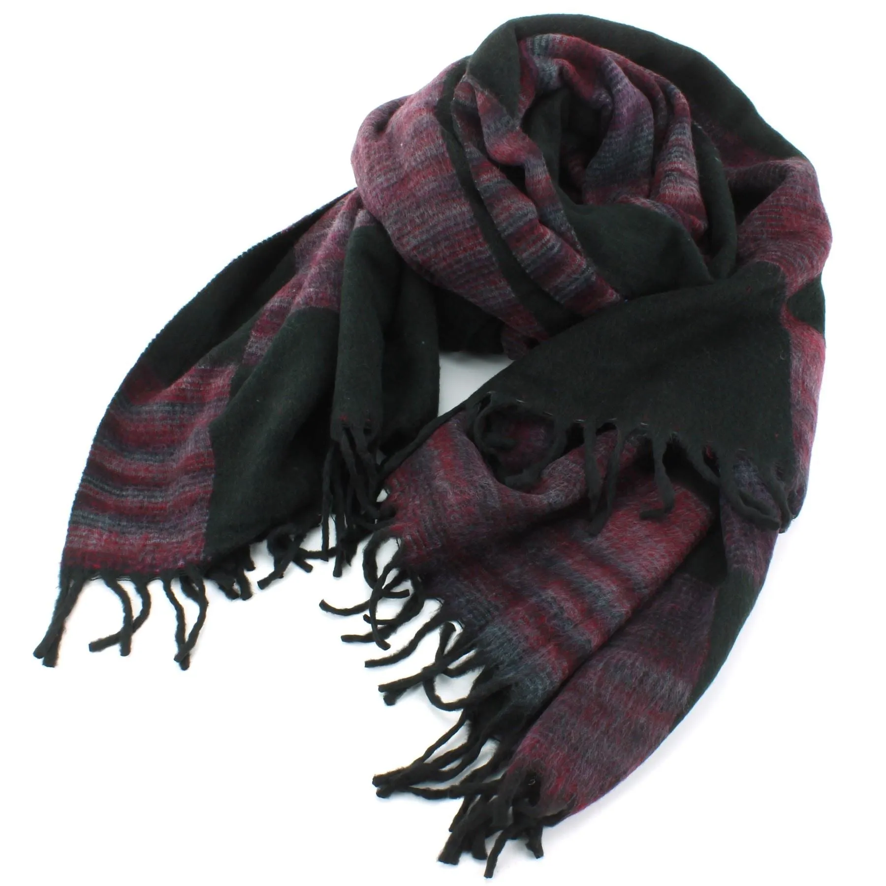 Tibetan Wool Blend Shawl Blanket - Black with Maroon & Grey Reverse