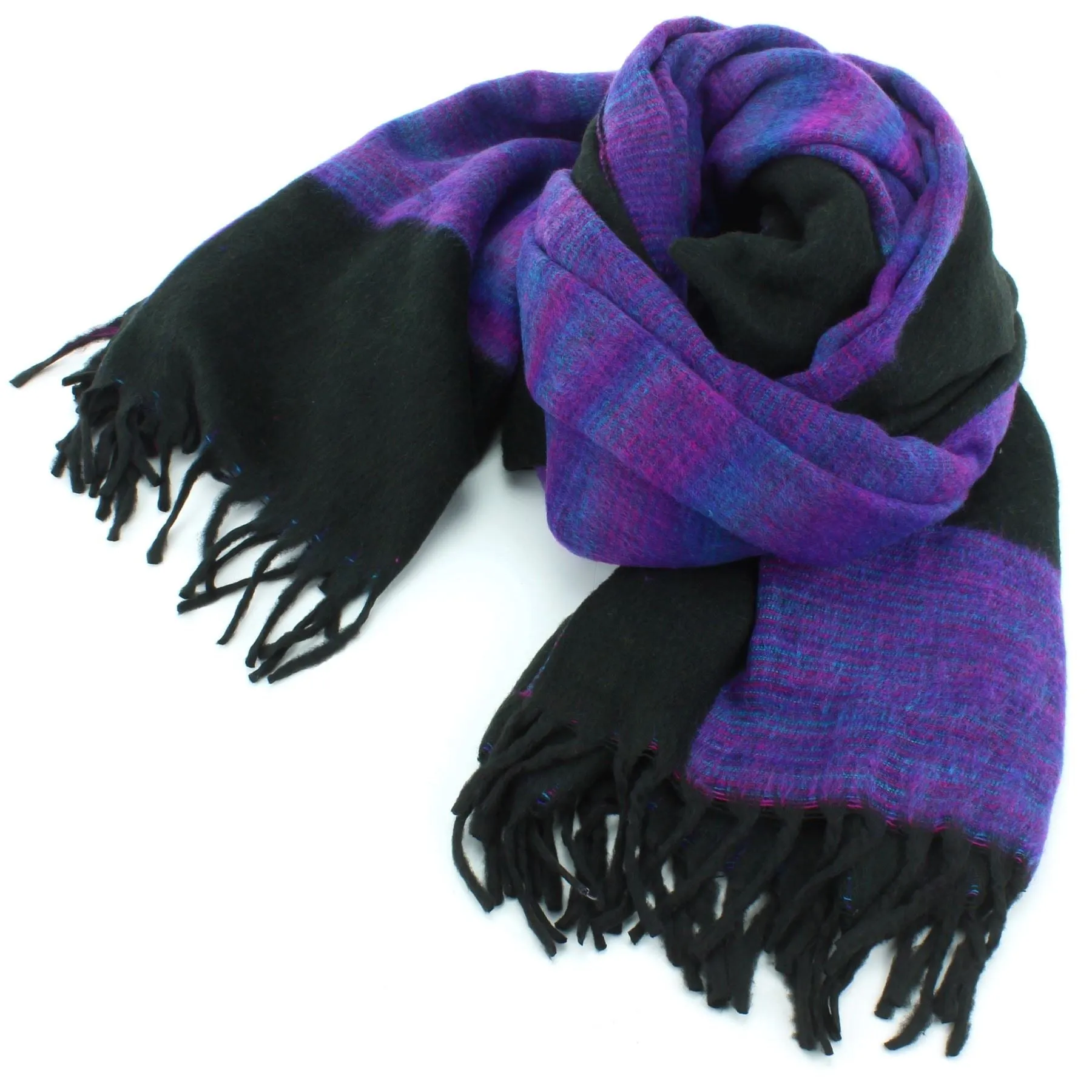 Tibetan Wool Blend Shawl Blanket - Black with Purple Reverse