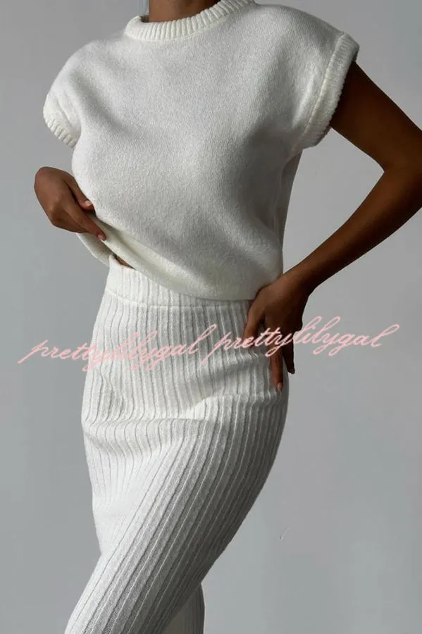 Triko Knit Short Sleeve Sweater and Stretch Ribbed Midi Skirt Set