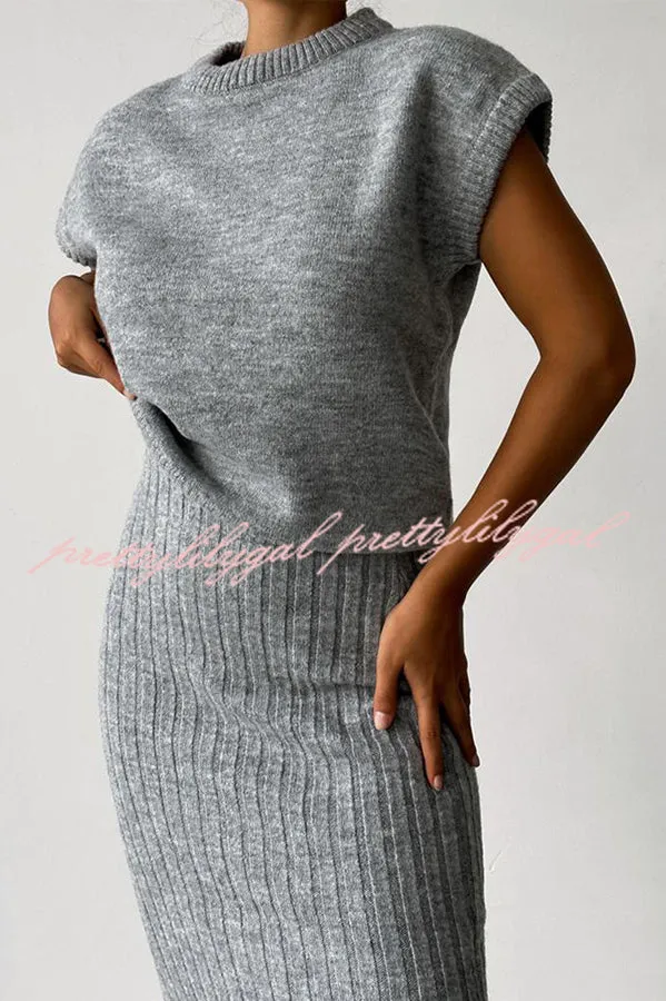 Triko Knit Short Sleeve Sweater and Stretch Ribbed Midi Skirt Set