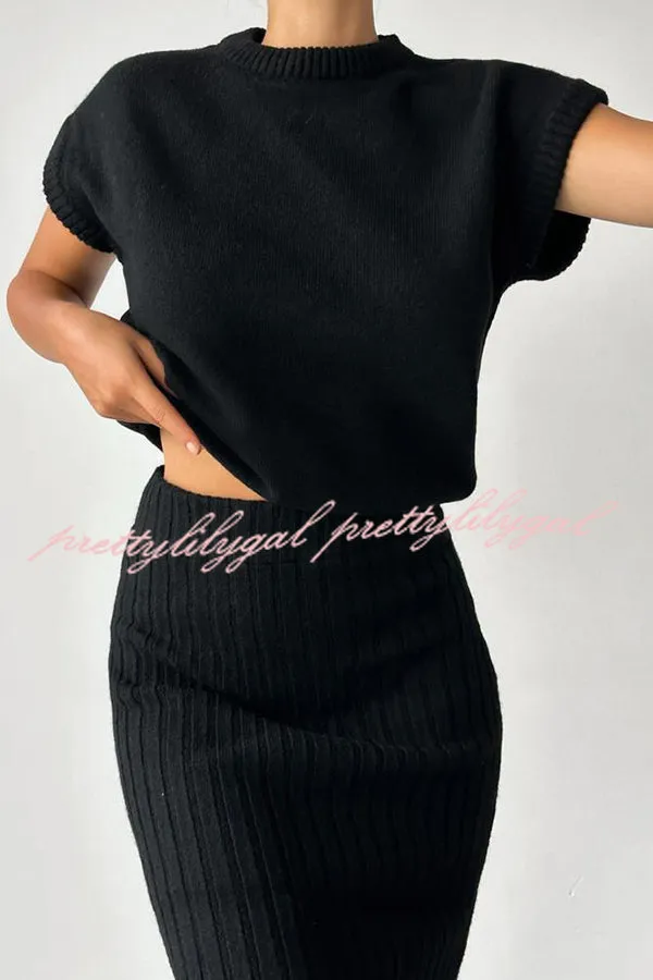 Triko Knit Short Sleeve Sweater and Stretch Ribbed Midi Skirt Set