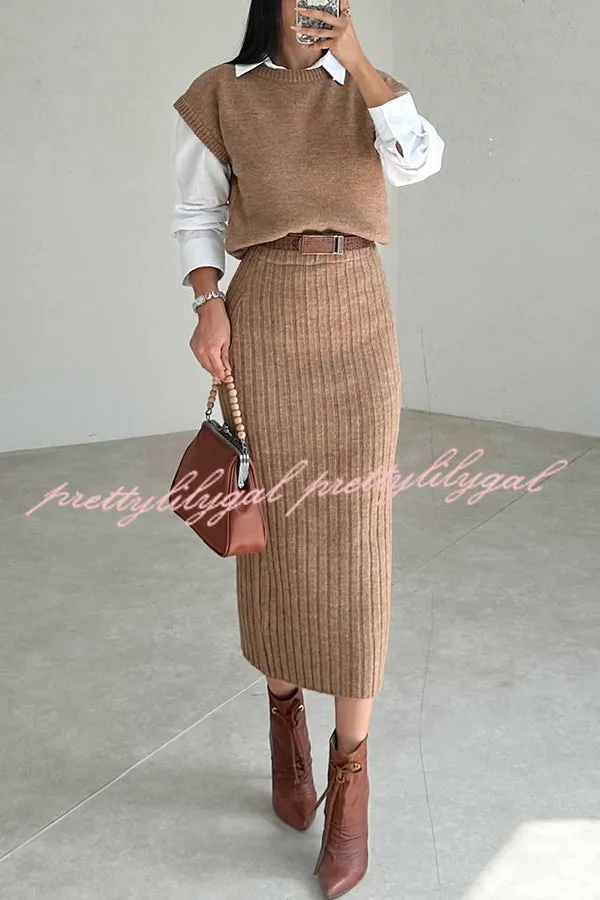 Triko Knit Short Sleeve Sweater and Stretch Ribbed Midi Skirt Set