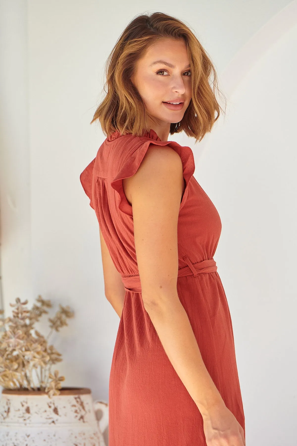 Trissa Rust Faux Linen Maxi Dress