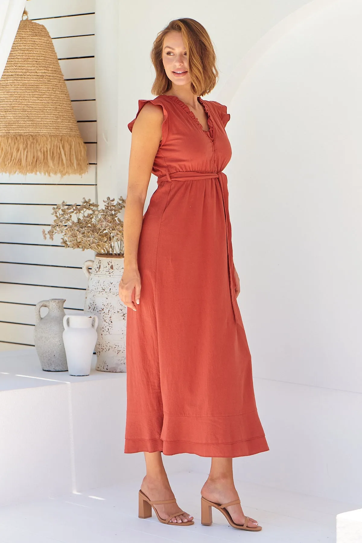 Trissa Rust Faux Linen Maxi Dress