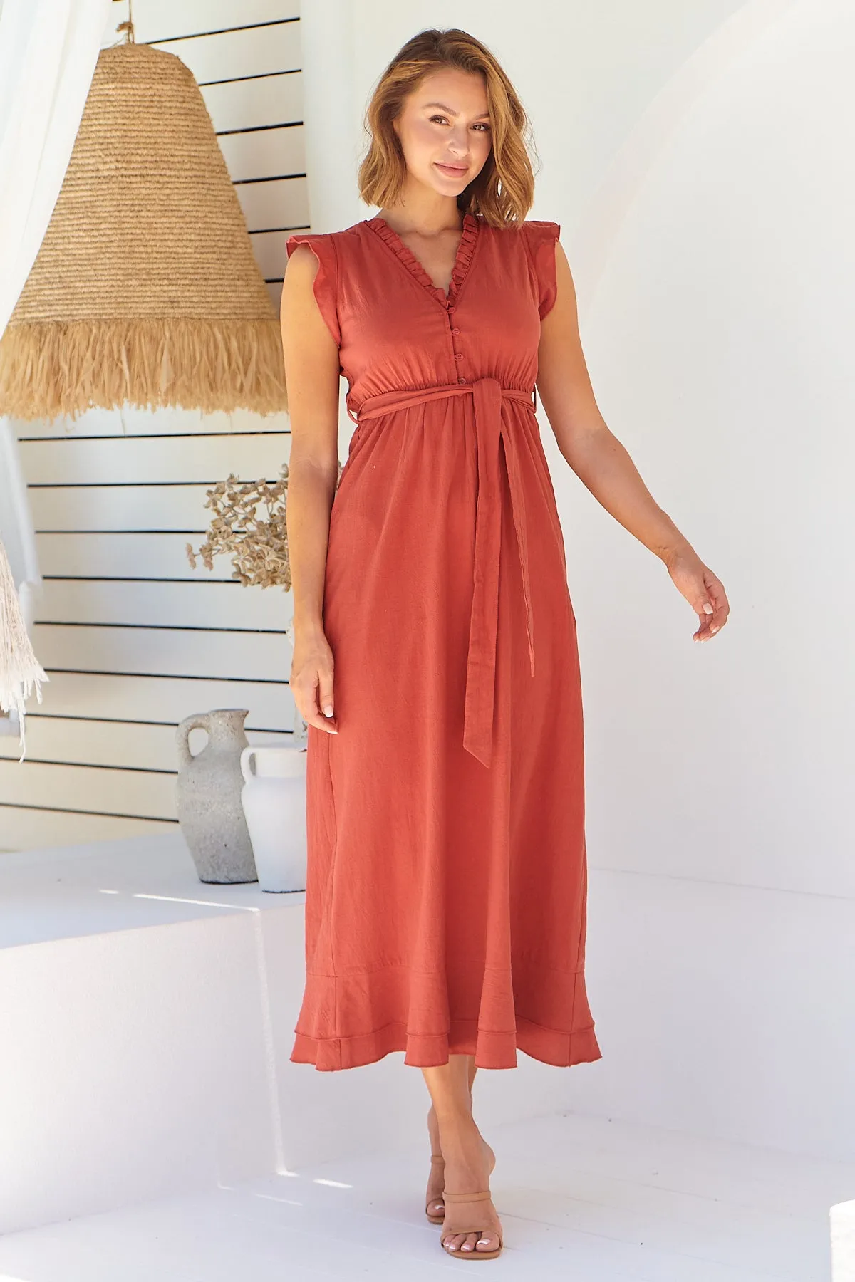 Trissa Rust Faux Linen Maxi Dress