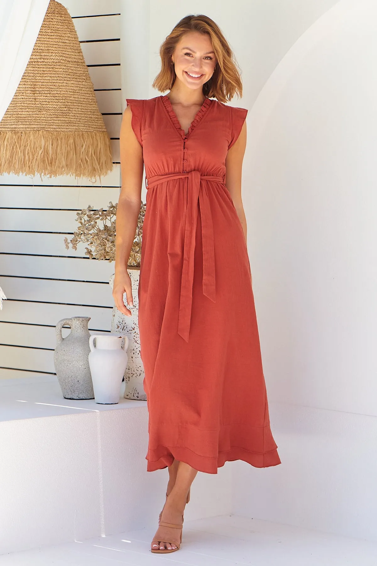 Trissa Rust Faux Linen Maxi Dress