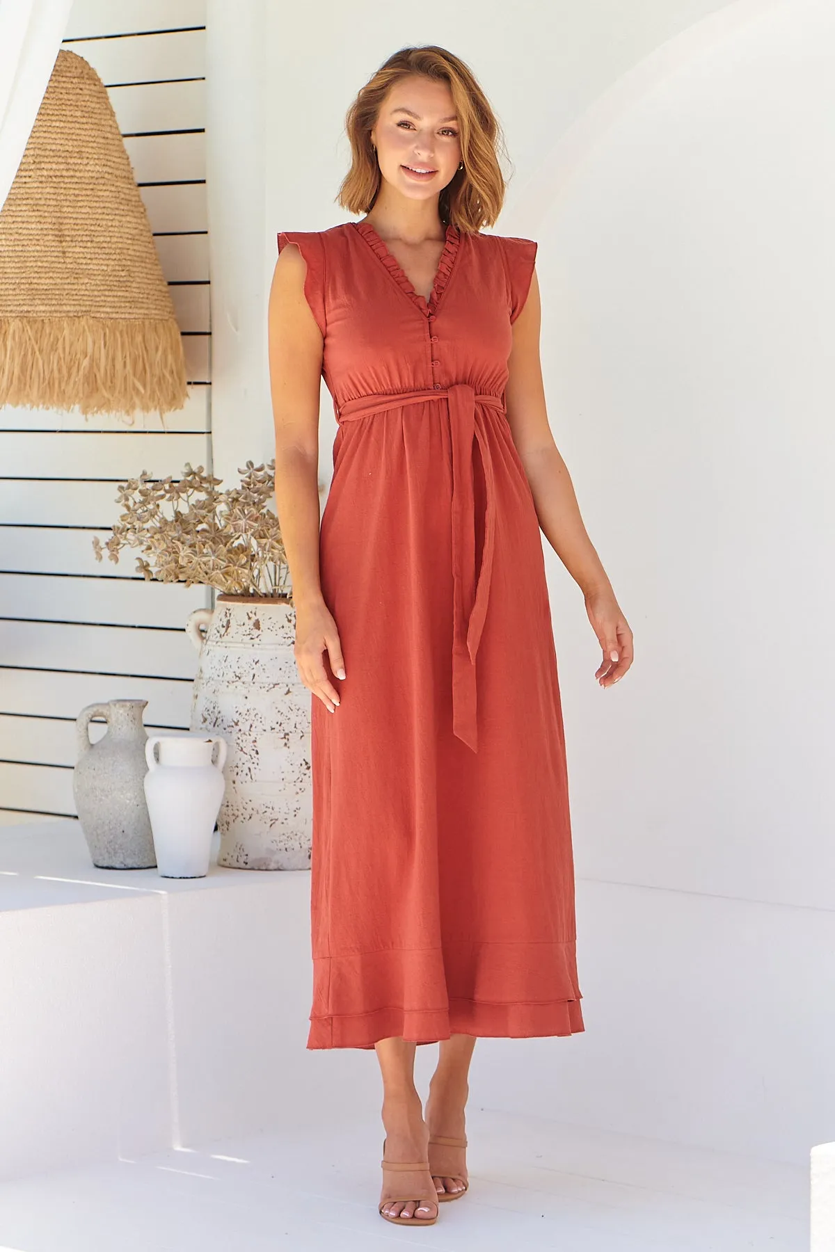 Trissa Rust Faux Linen Maxi Dress