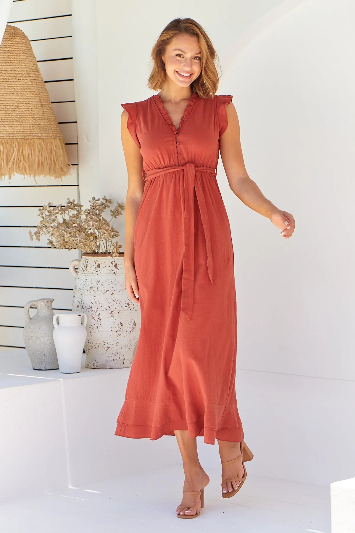 Trissa Rust Faux Linen Maxi Dress