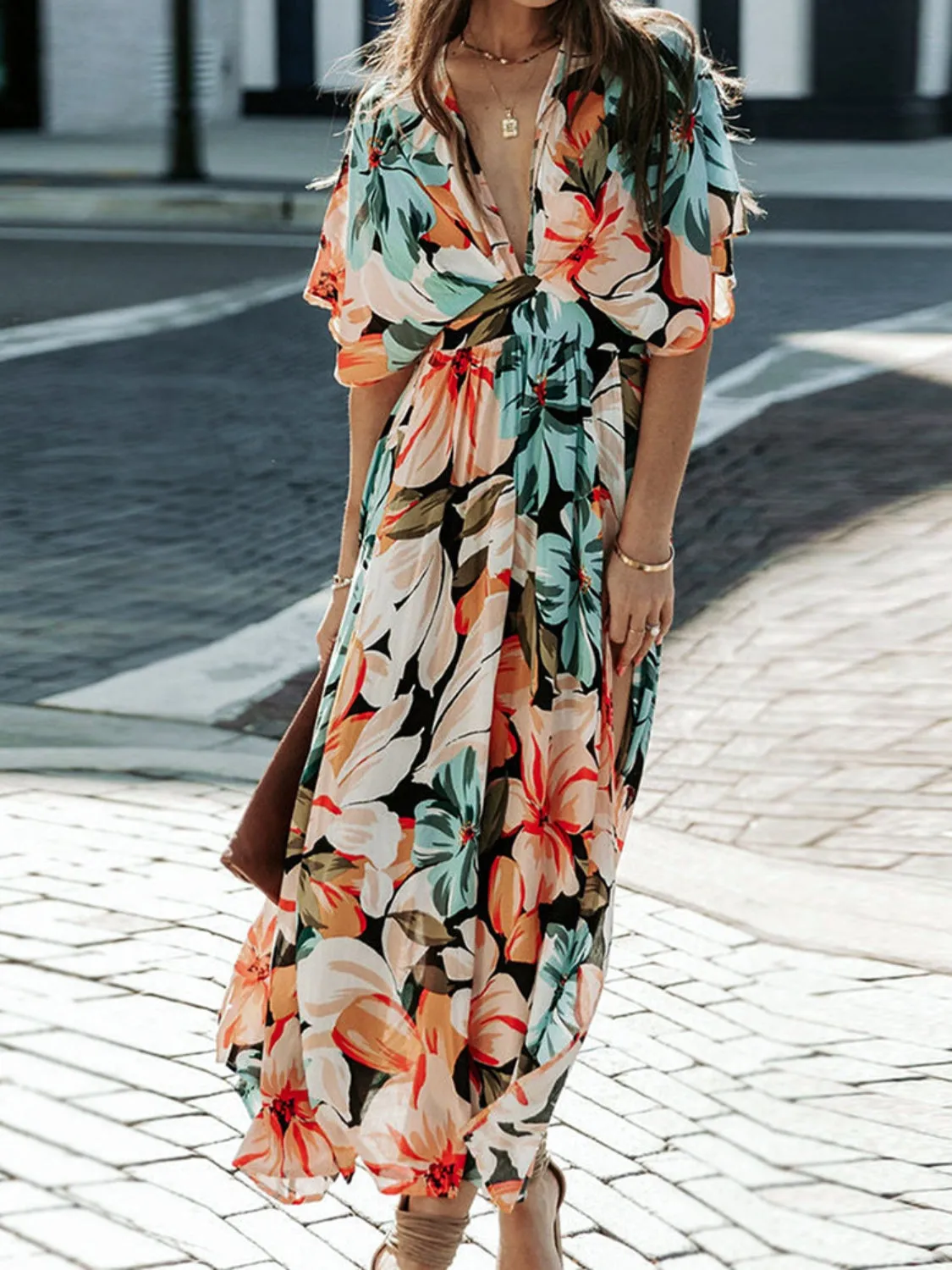 Tropical Plunge Half Sleeve Resort Maxi Dress