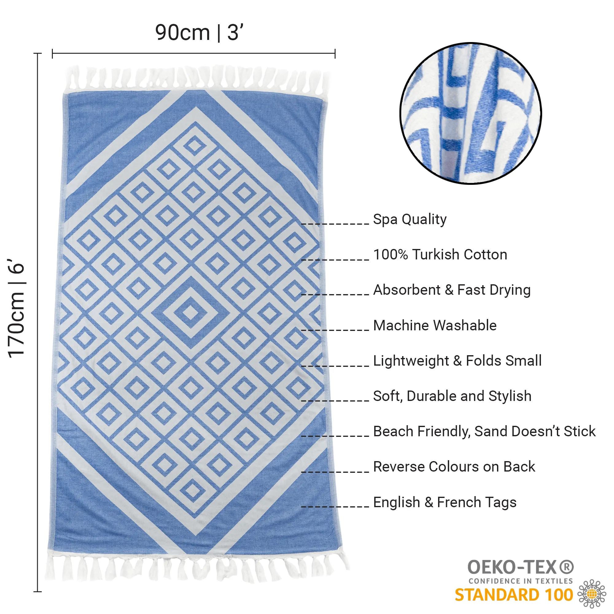 Turkish Cotton Body Towel | Geo Diamond in Blue   White