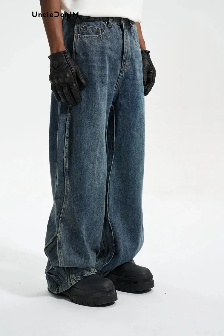 Twisted Wave Jeans for Men Loose Vintage Wide Leg Distressed Cargo Jeans