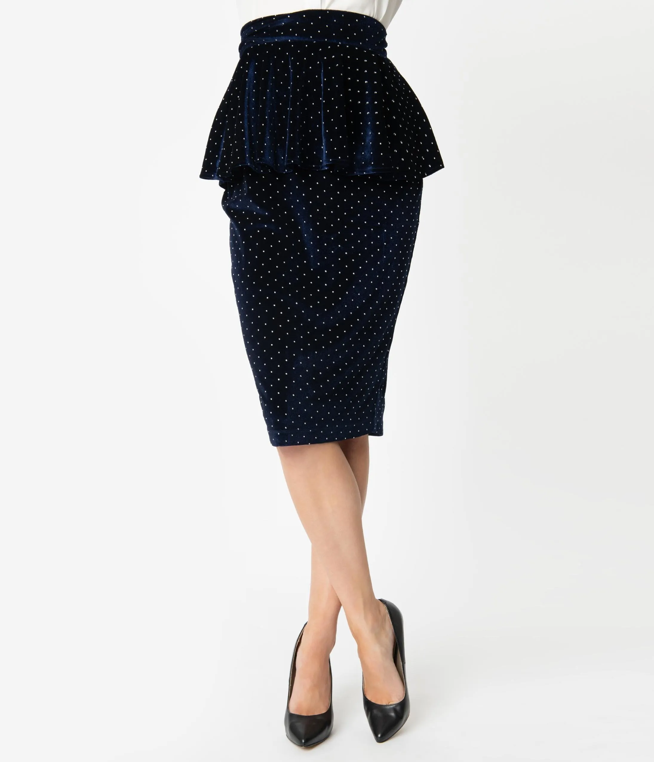 Unique Vintage 1940s Navy Velvet Pearl Dotted Peplum Boulevard Pencil Skirt