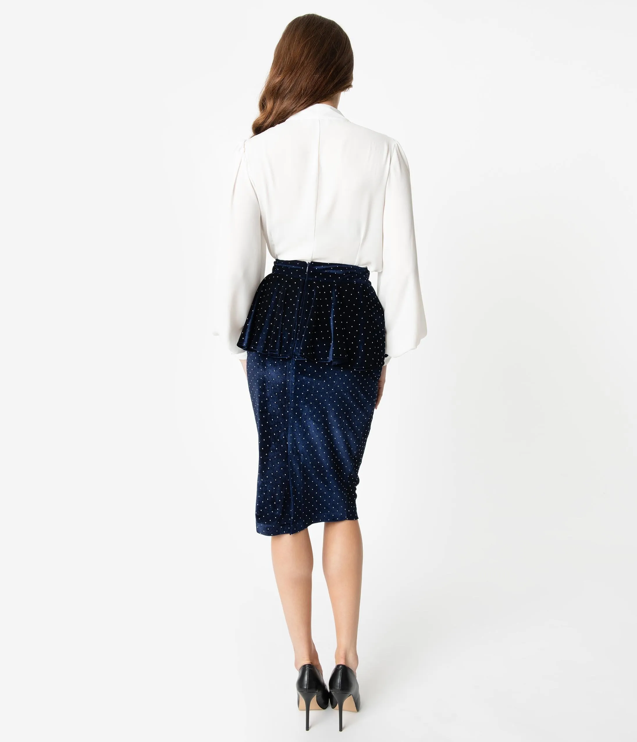 Unique Vintage 1940s Navy Velvet Pearl Dotted Peplum Boulevard Pencil Skirt