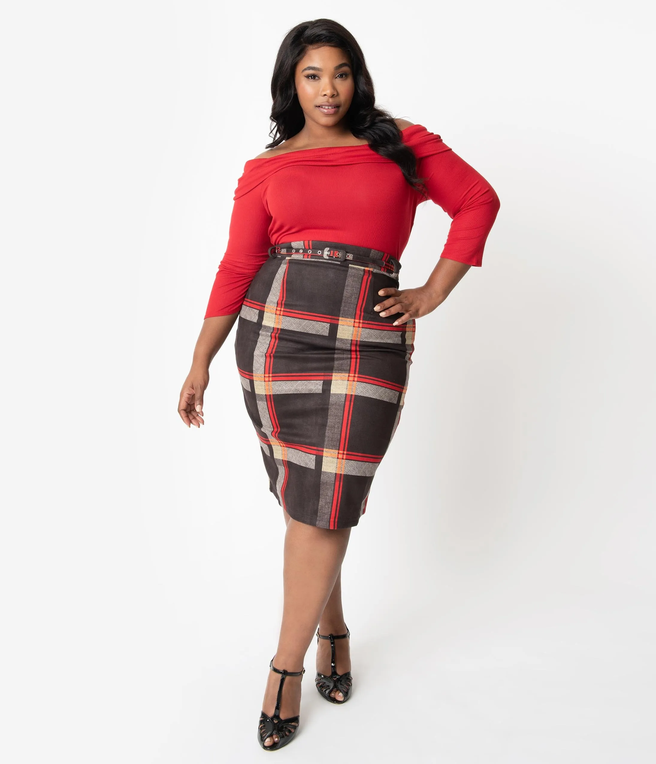 Unique Vintage Plus Size 1960s Black & Red Plaid High Waist Marcia Wiggle Skirt