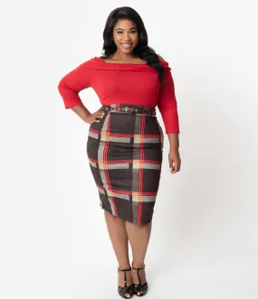 Unique Vintage Plus Size 1960s Black & Red Plaid High Waist Marcia Wiggle Skirt