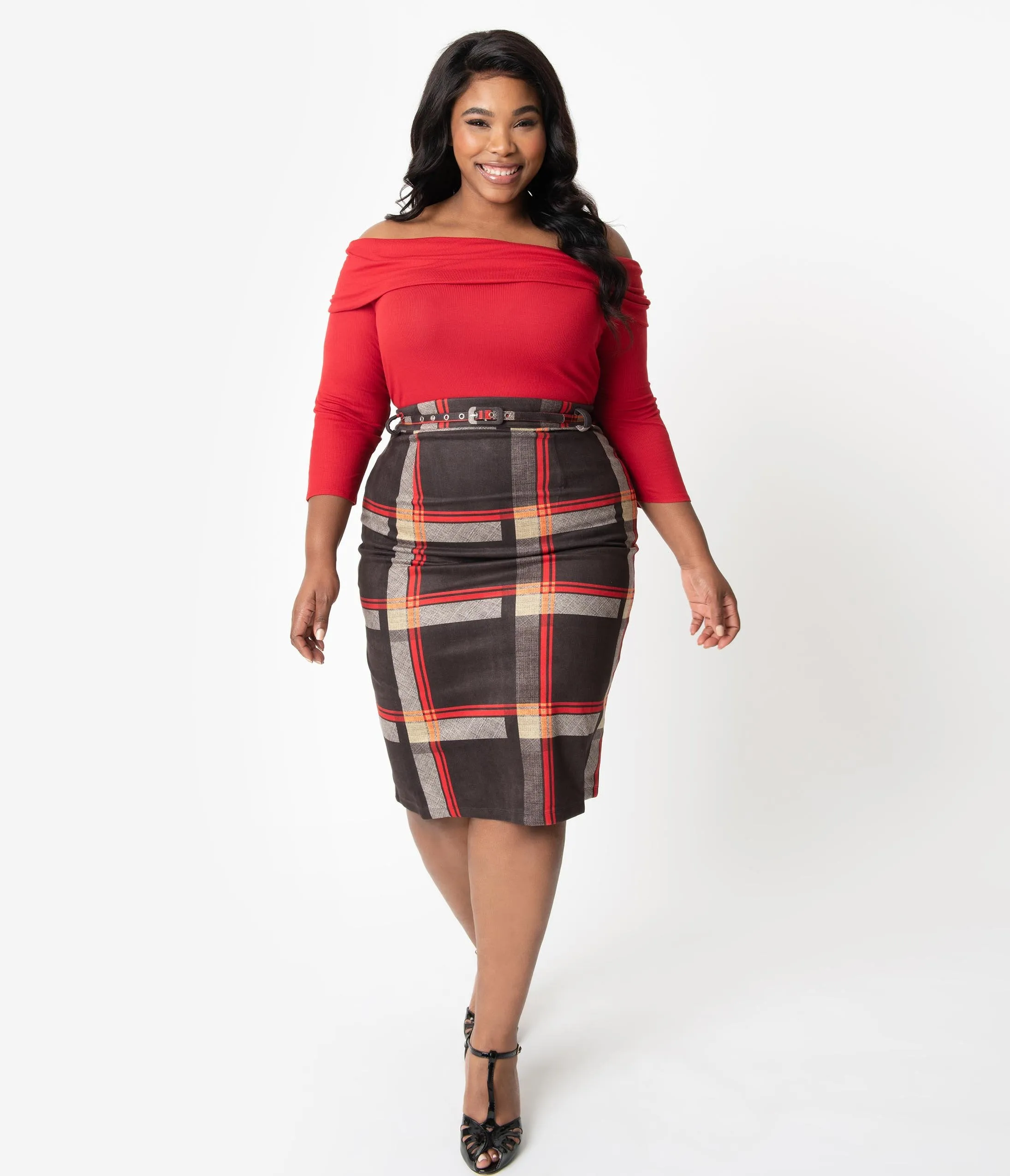 Unique Vintage Plus Size 1960s Black & Red Plaid High Waist Marcia Wiggle Skirt