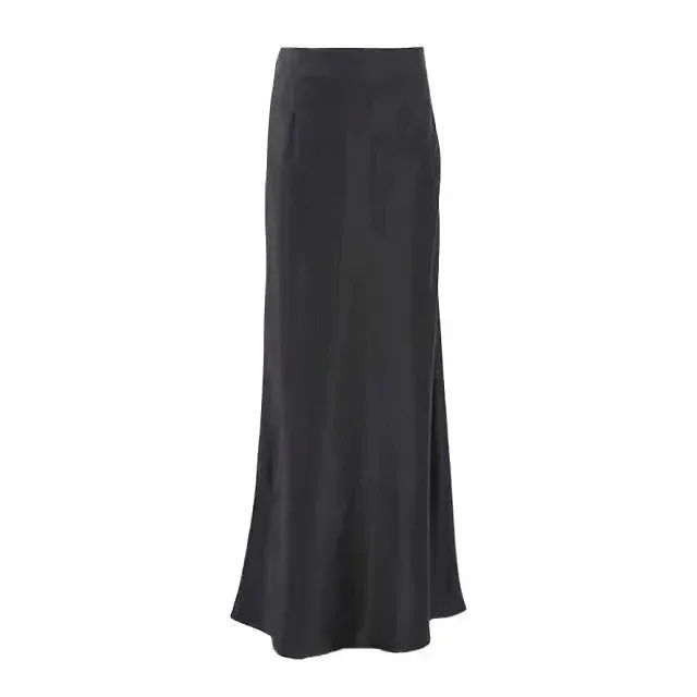 Uniwim Women's Black Elegant Satin Fashion Slim Skirts Four Seasons Casual High Waist Club Office Maxi Skirt