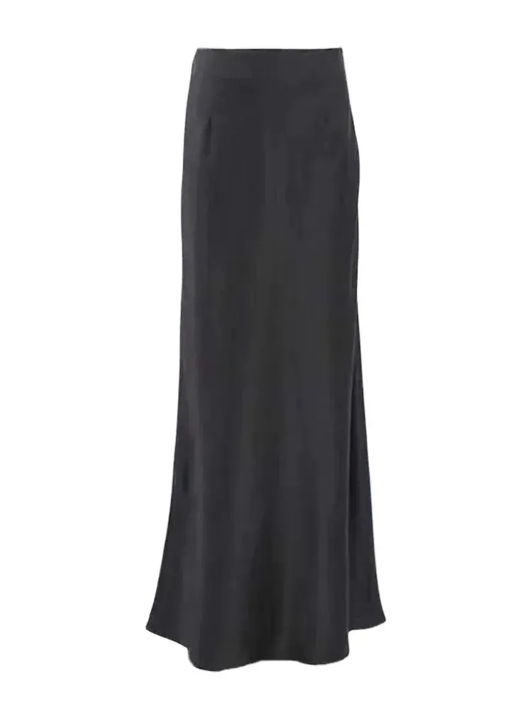 Uniwim Women's Black Elegant Satin Fashion Slim Skirts Four Seasons Casual High Waist Club Office Maxi Skirt