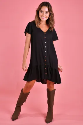 VGLD219 - CAP SLEEVE BUTTON DRESS - BLACK