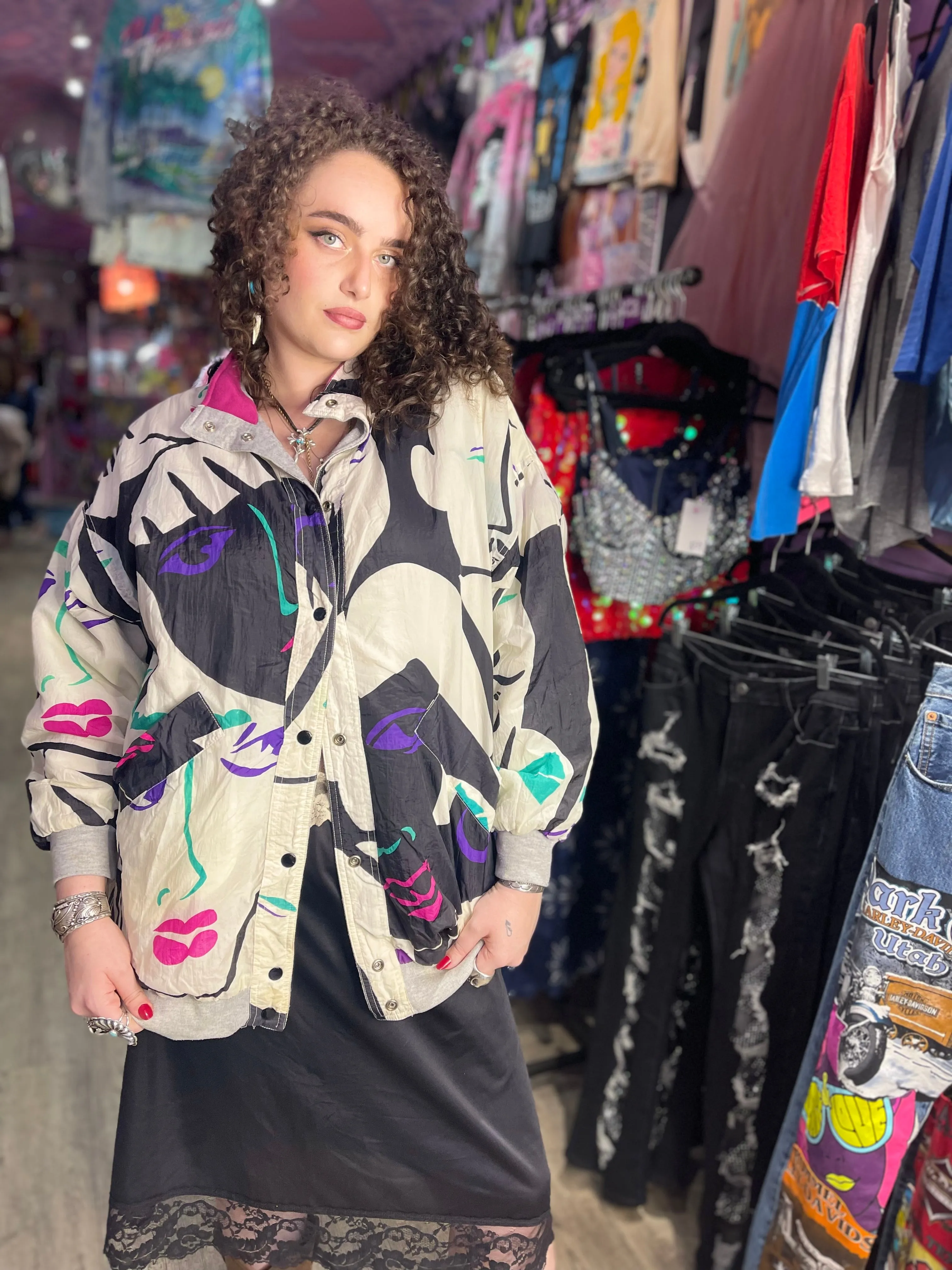 Vintage 90s Faces Print Reversible Windbreaker Jacket