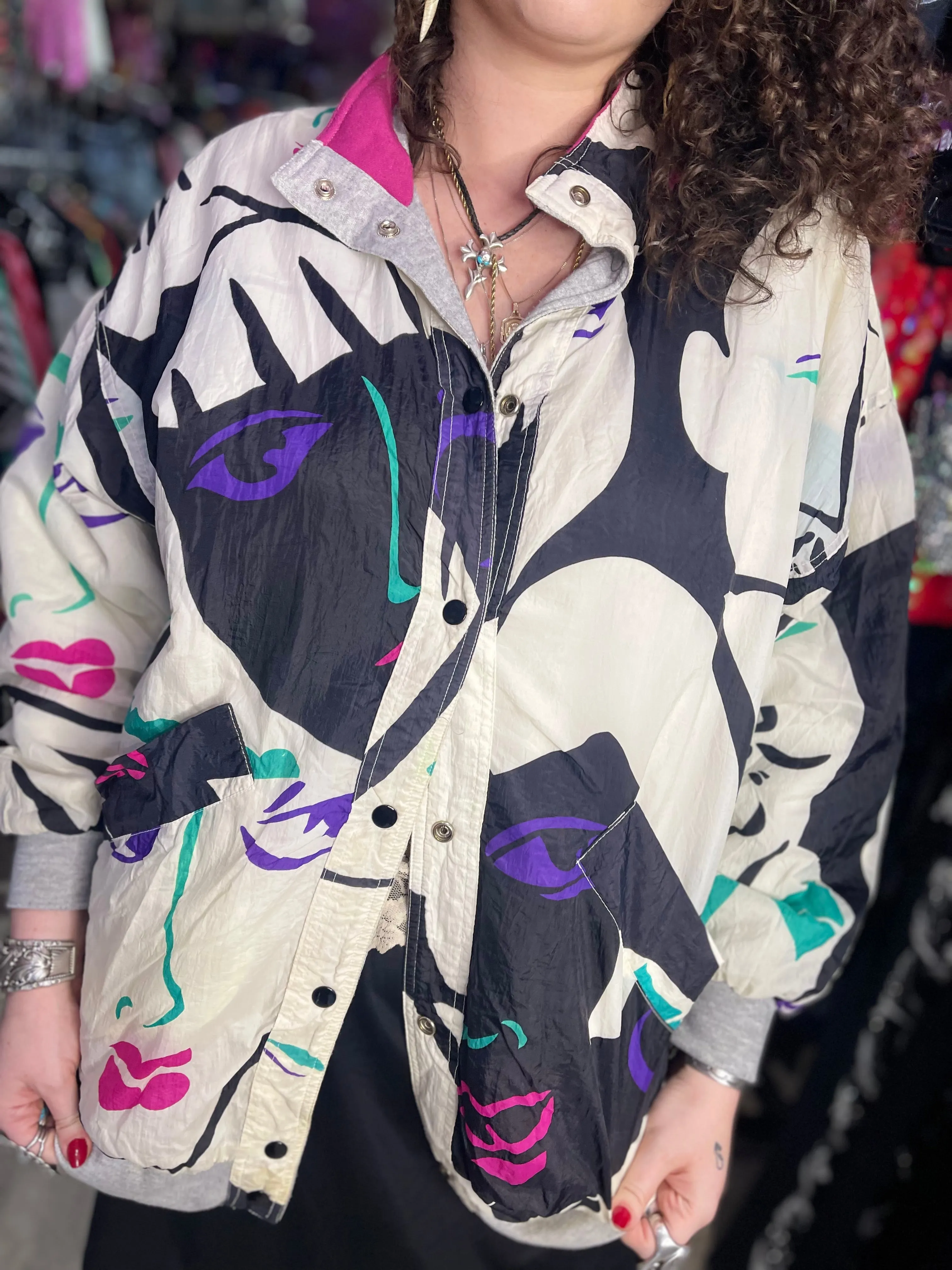 Vintage 90s Faces Print Reversible Windbreaker Jacket