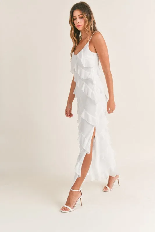 Waverly Asymmetrical Ruffled Maxi Dress Off White