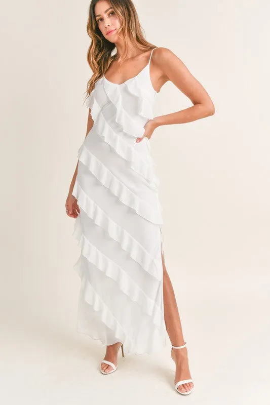 Waverly Asymmetrical Ruffled Maxi Dress Off White