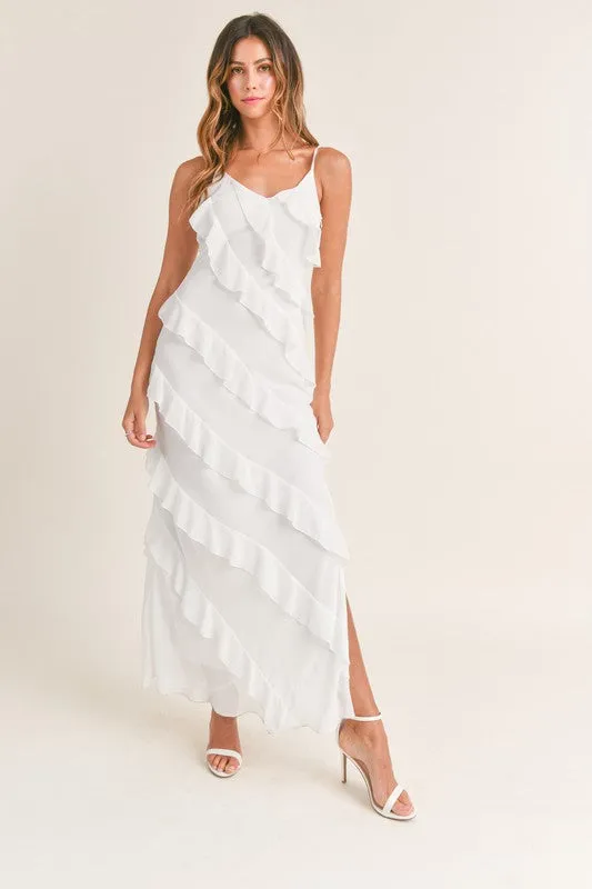 Waverly Asymmetrical Ruffled Maxi Dress Off White