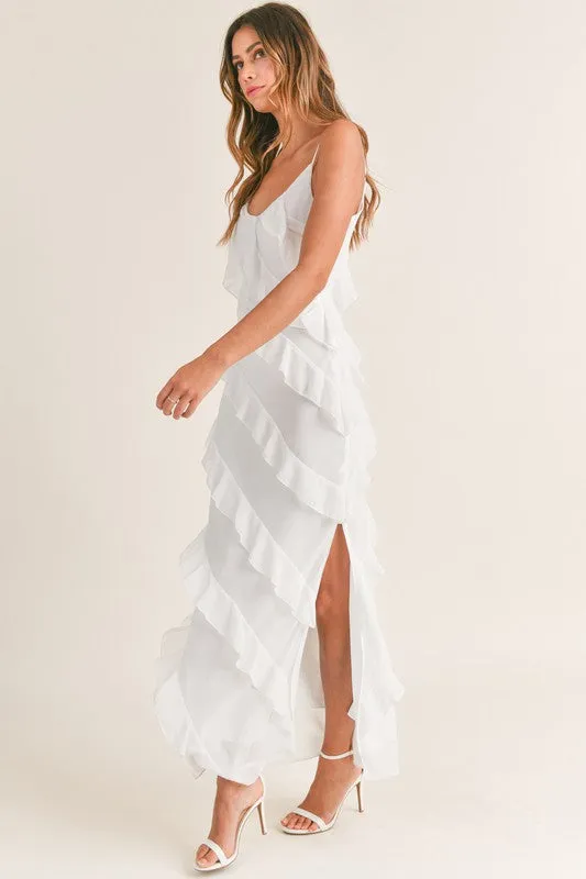 Waverly Asymmetrical Ruffled Maxi Dress Off White