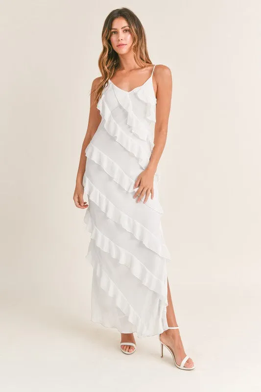 Waverly Asymmetrical Ruffled Maxi Dress Off White