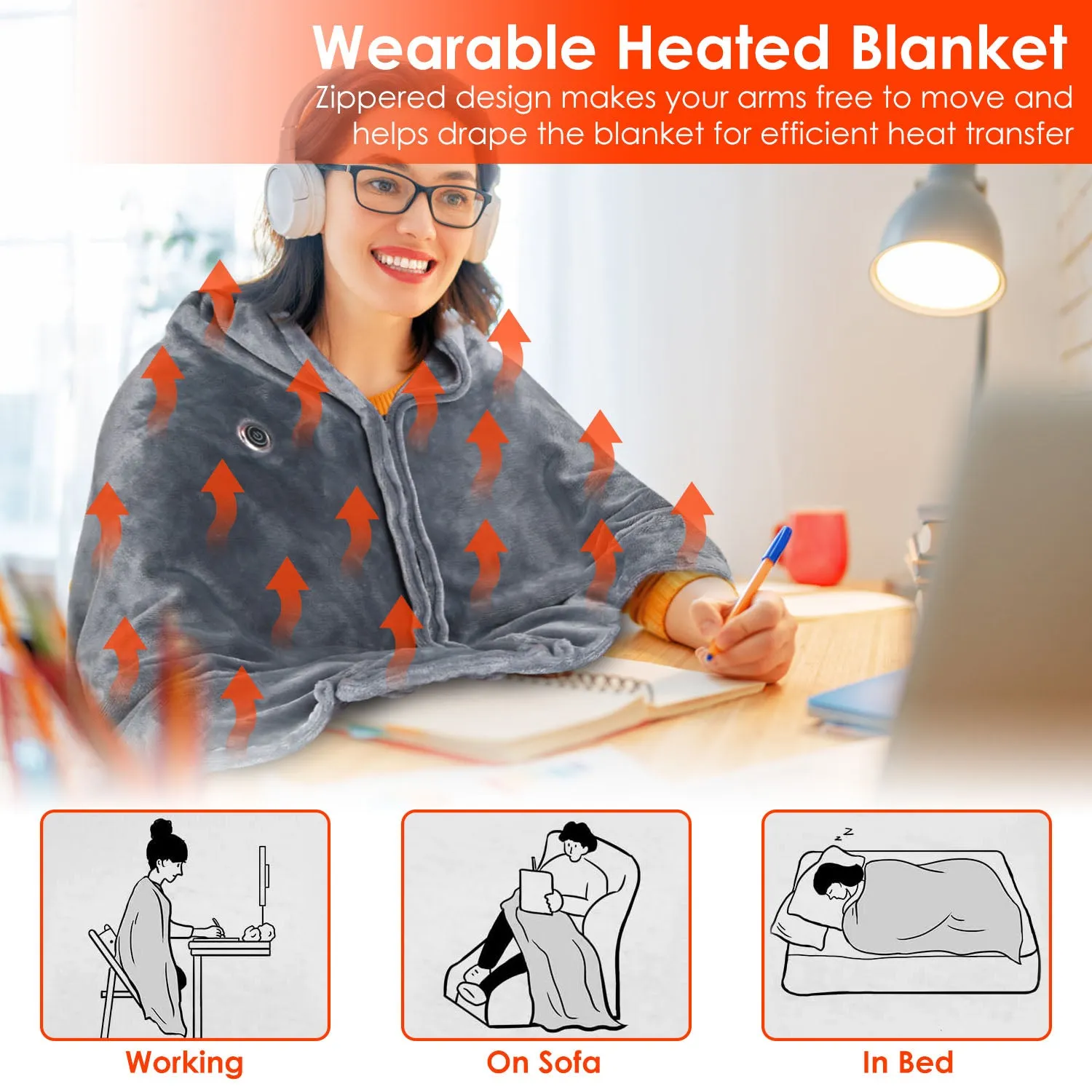 Wearable USB Heated Blanket Shawl, Portable Heated Blanket, 3 Gears 8 Heating Zones Cordless Zip Heated Throw Blanket for Women, Outdoor, Office, Camping