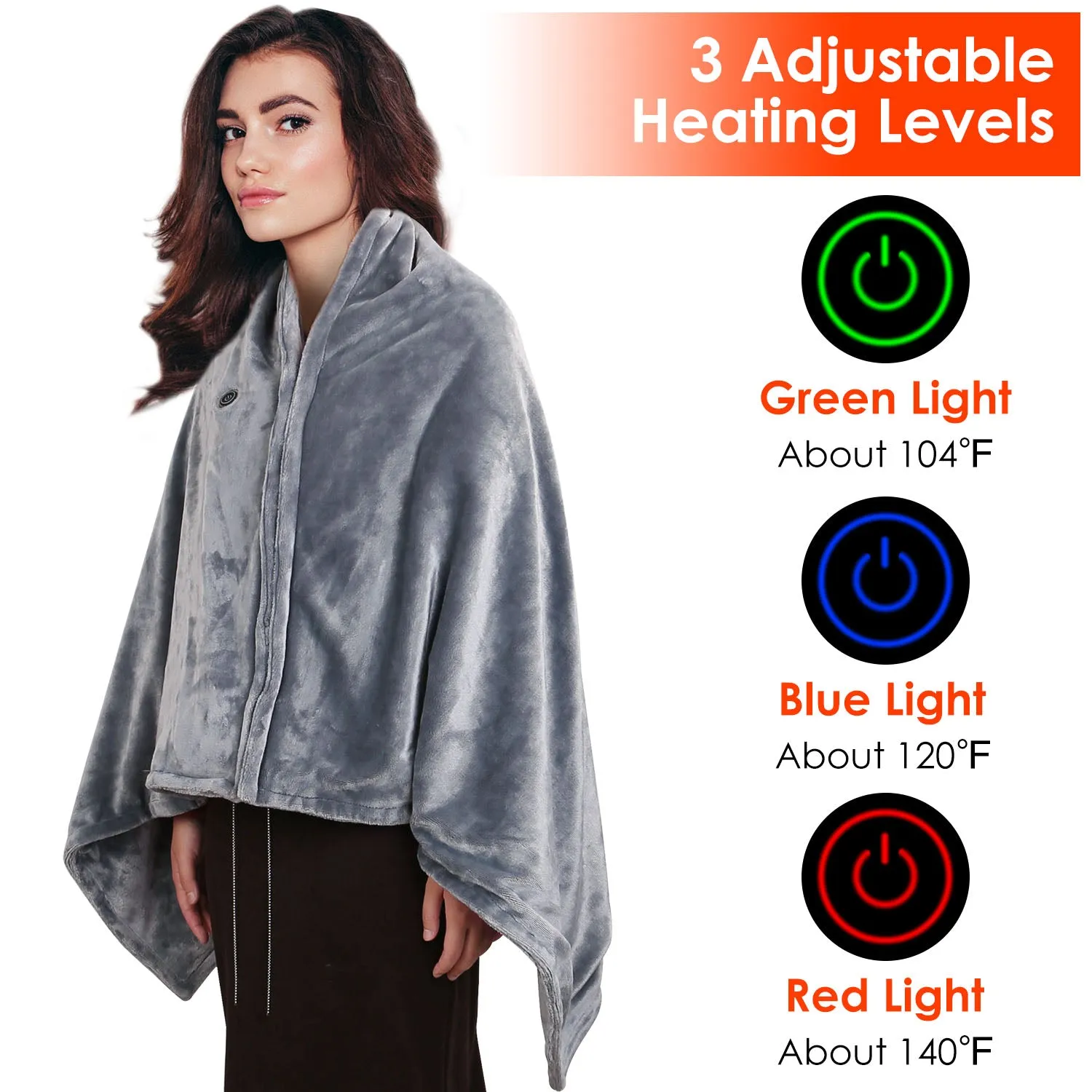 Wearable USB Heated Blanket Shawl, Portable Heated Blanket, 3 Gears 8 Heating Zones Cordless Zip Heated Throw Blanket for Women, Outdoor, Office, Camping