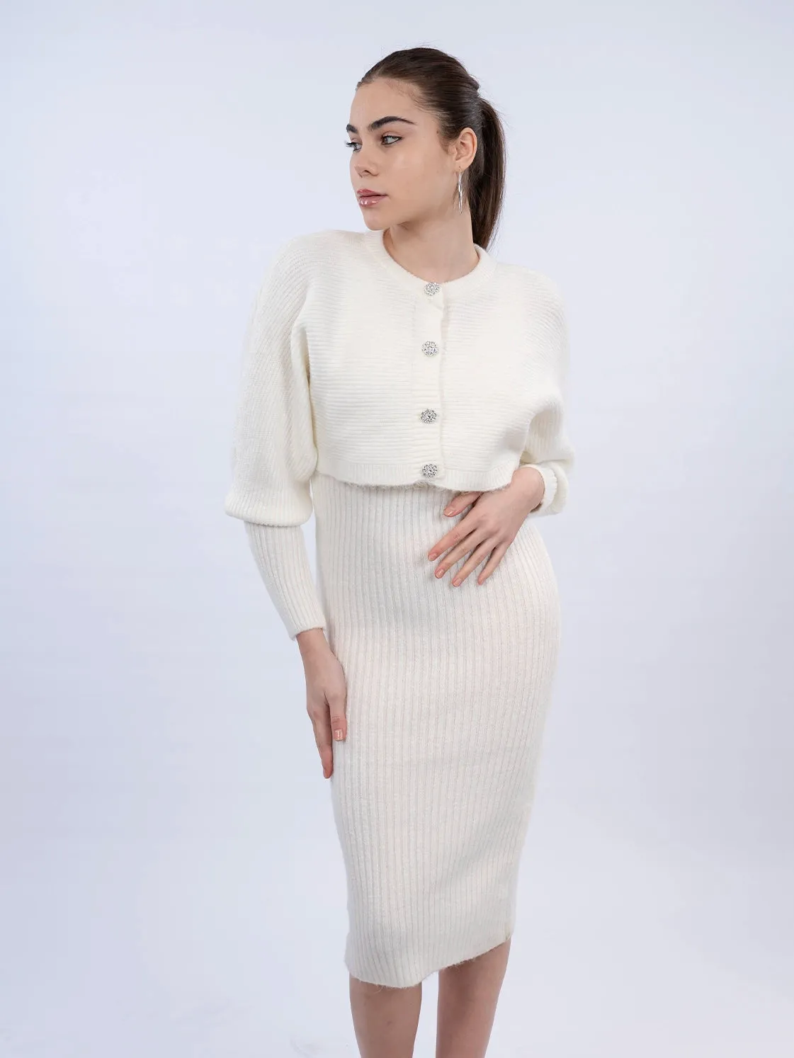 White Dress With Cardigan Knit Wear Set